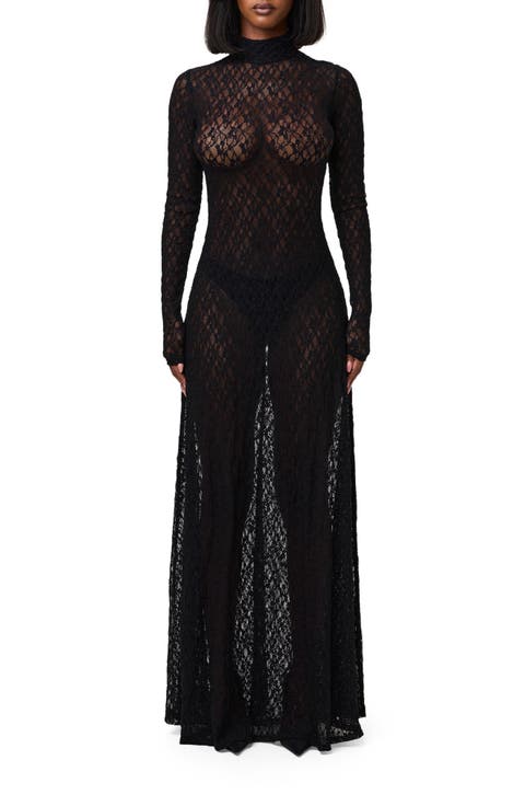 Floral Long Sleeve Stretch Lace Turtleneck Maxi Dress