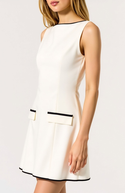 Modenaire Sleeveless Contrast Trim Mini Dress With Faux Pocket Flaps