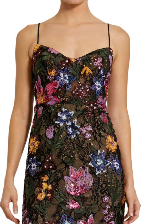 Mac Duggal Spaghetti Strap Floral Embroidered Gown In Black Multi