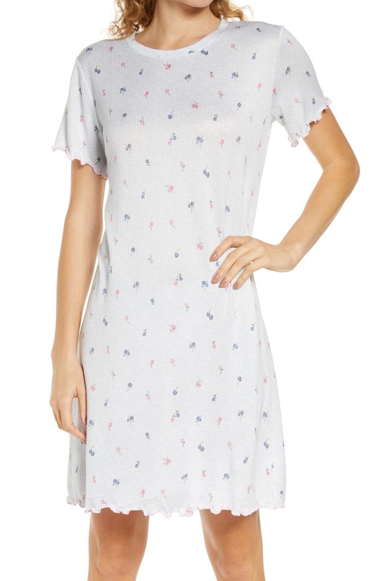 Floral Lettuce Hem Ribbed Sleep Shirt, Main, color, BABY BOW BOUQUETS CLOUD DANCER