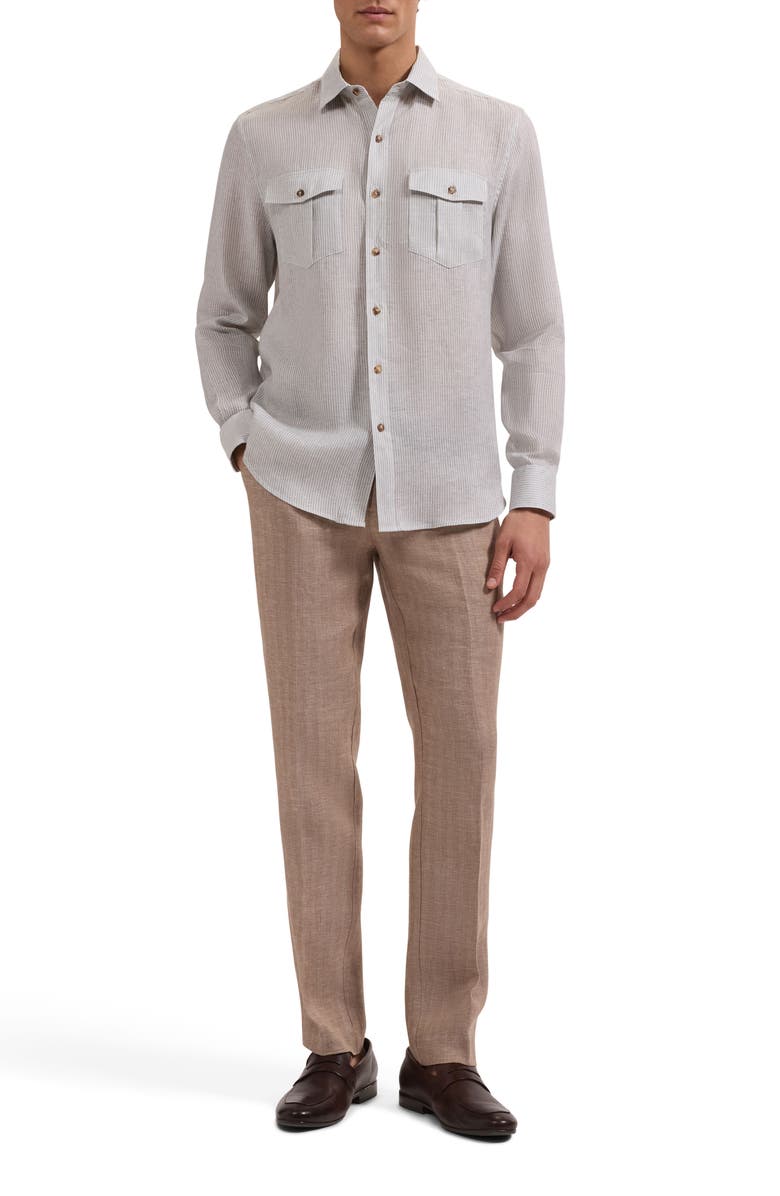 Bugatchi Stripe Shaped Fit Linen Button-Up Shirt, Alternate, color, Khaki