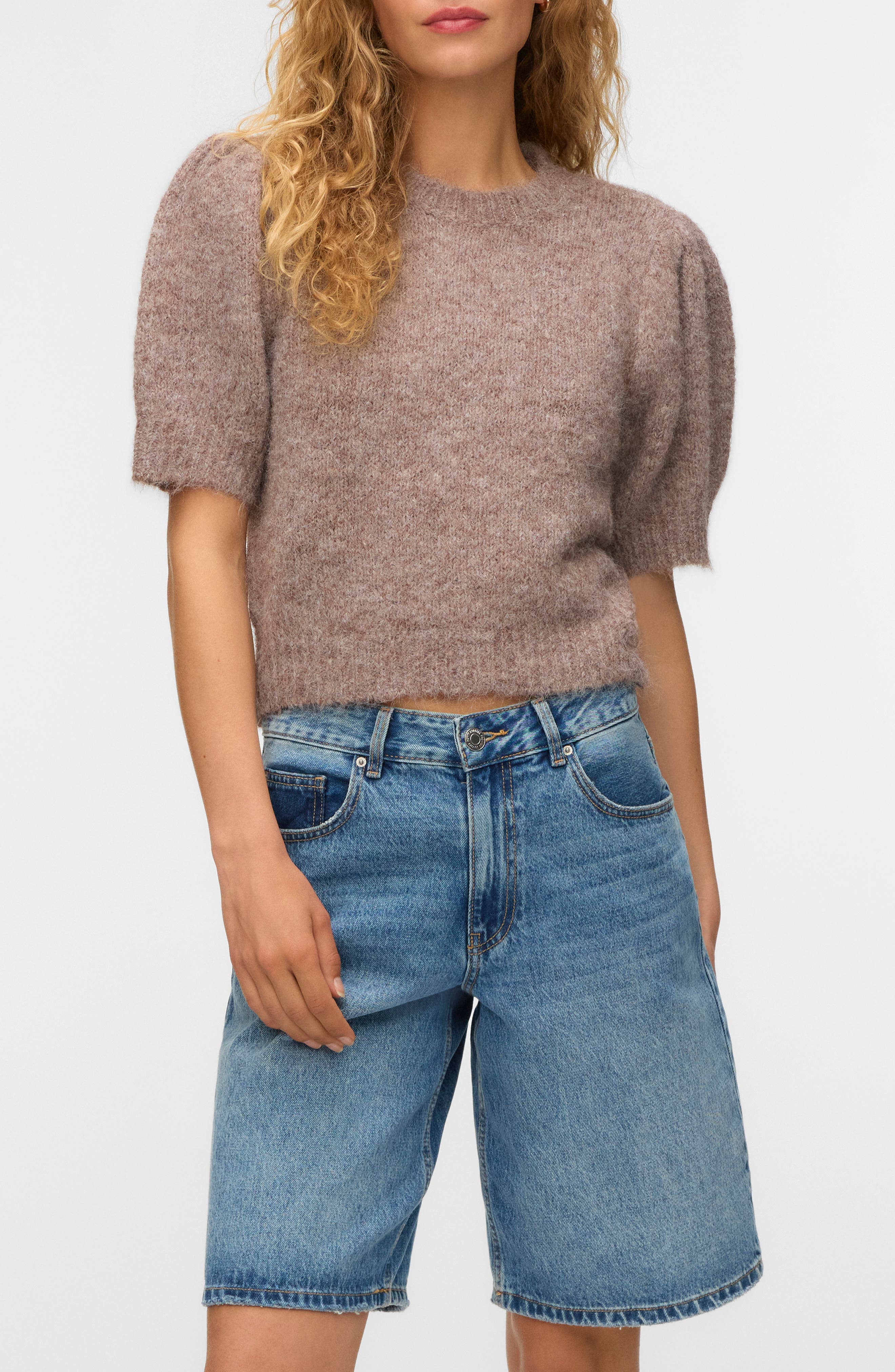 Vero Moda Novah Short Sleeve Sweater In Brown Lentil Detail Melange