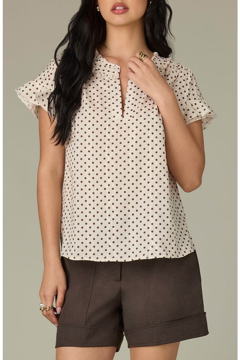 Ruffle Embroidered Top, Main, color, ECRU/ BROWN