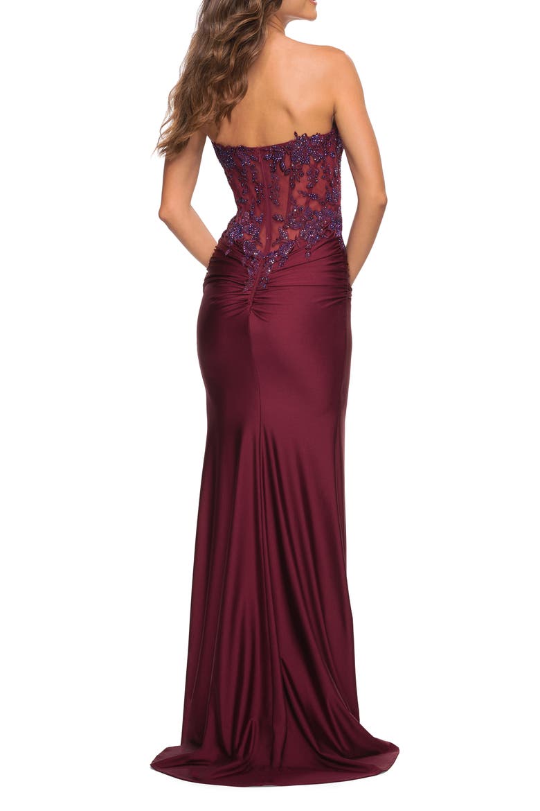 Stunning Strapless Jeweled Lace and Jersey Dress, Alternate, color, Dark Berry