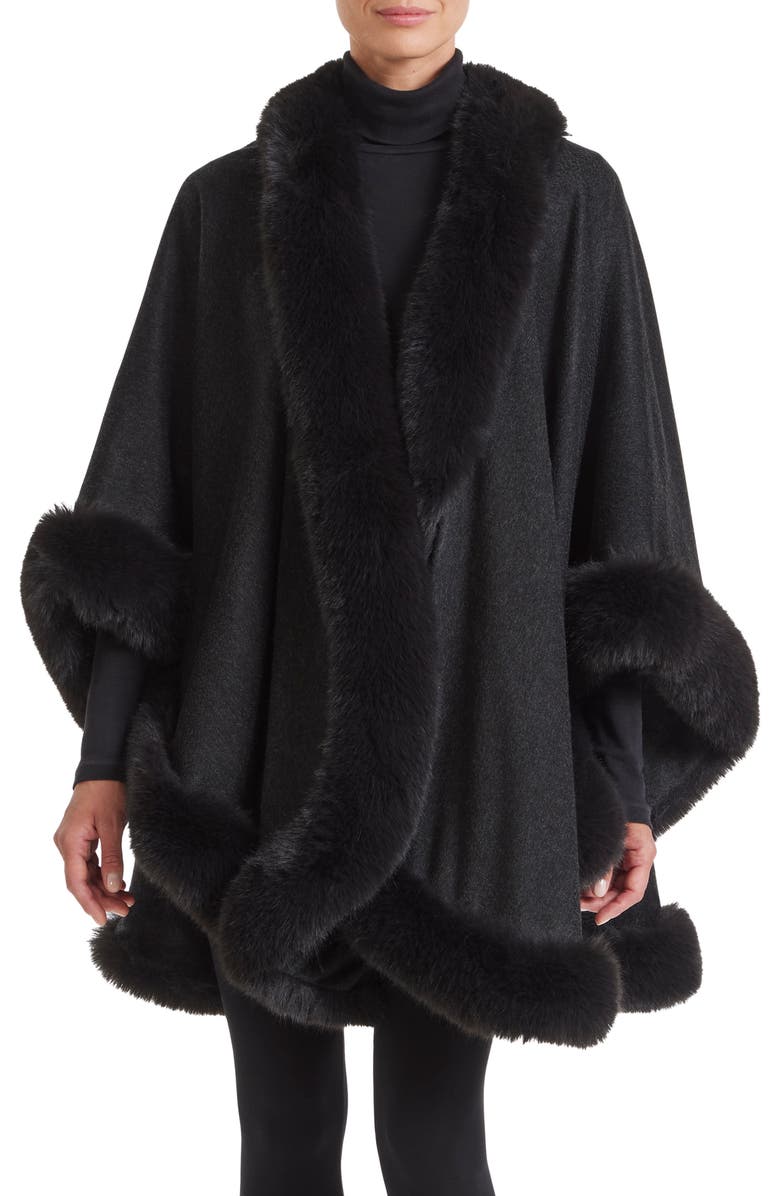 Sofia Cashmere Faux Fur Trim Cashmere Cape, Main, color, 010Chr