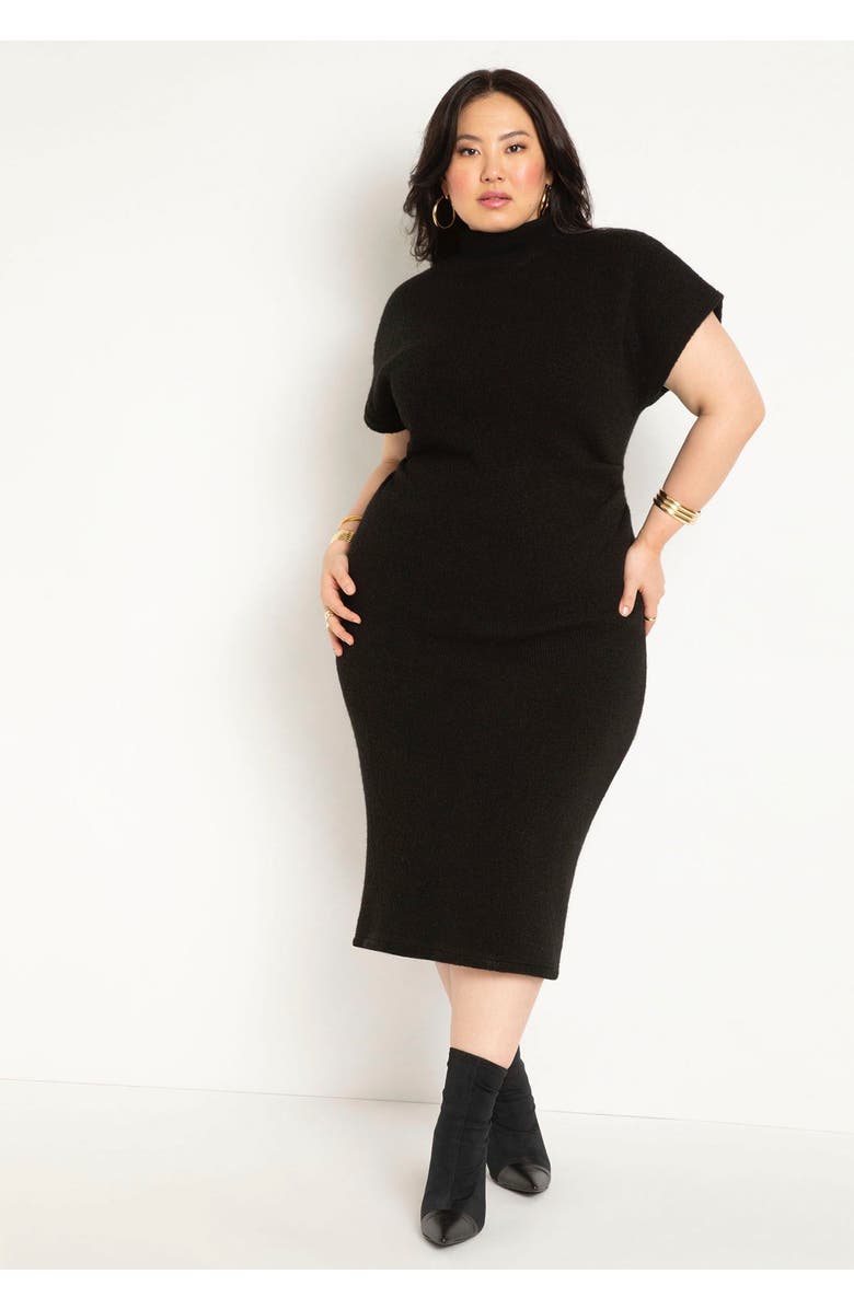ELOQUII Short Sleeve Sweater Dress, Main, color, Black Onyx