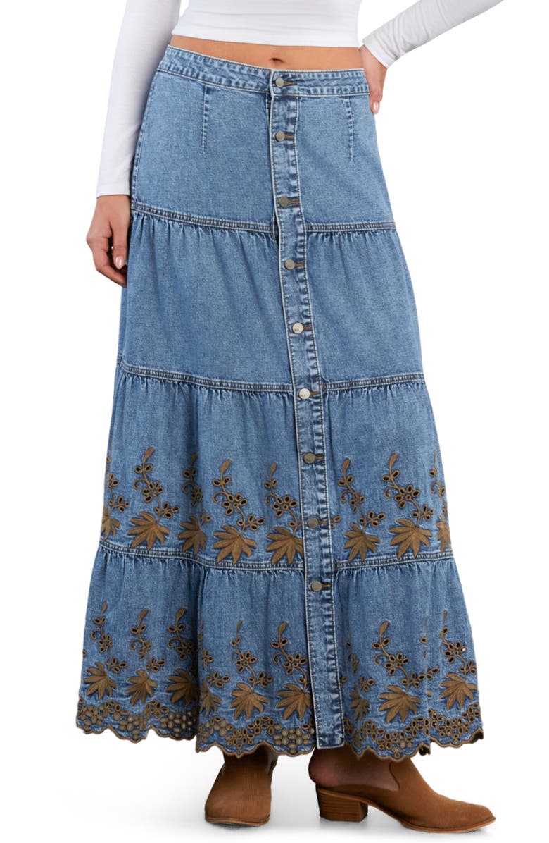 Wash Lab Denim Tiered Eyelet Denim Midi Skirt, Main, color, Sky Denim