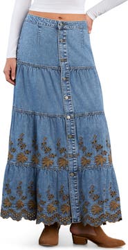 Wash Lab Denim Tiered Eyelet Denim Midi Skirt