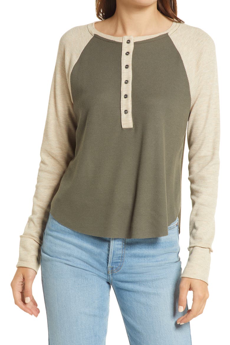 Raglan Sleeve Henley Top, Main, color, OLIVE SARMA- IVORY