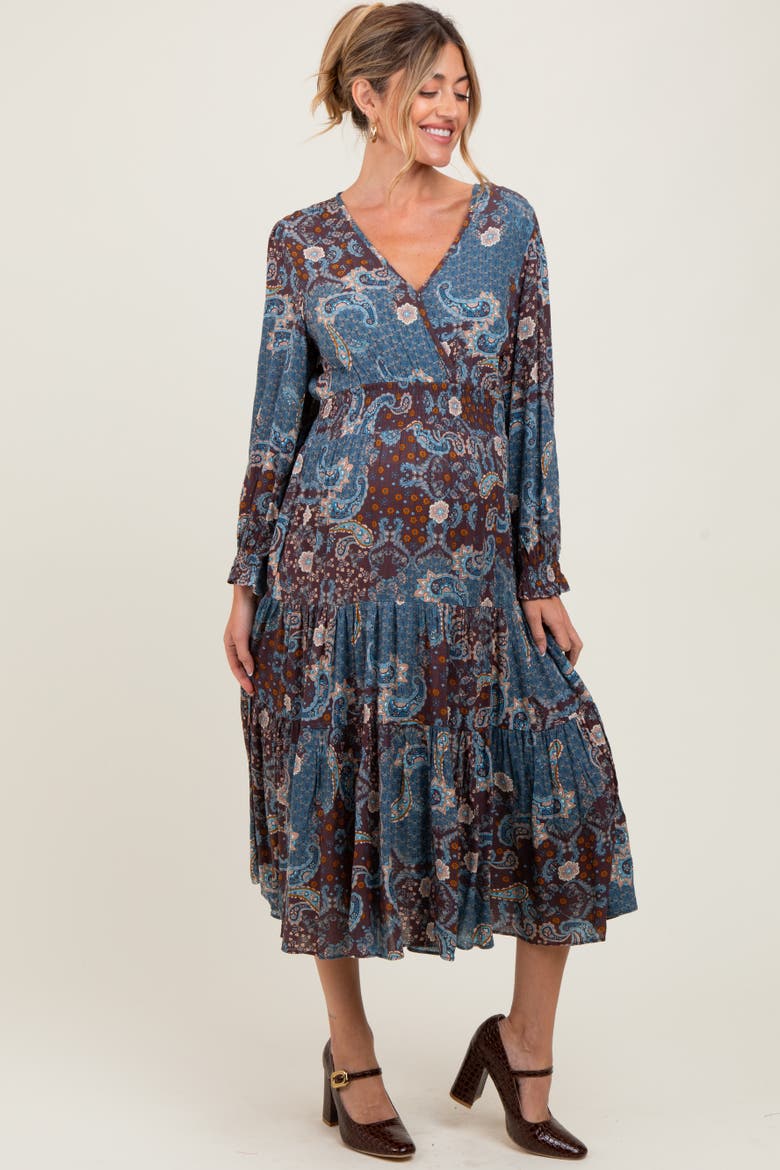 Paisley Print Smocked Waist Tiered Midi Dress, Alternate, color, Teal