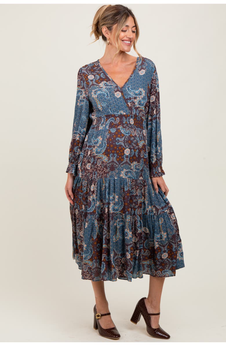 PinkBlush Paisley Print Smocked Waist Tiered Midi Dress, Alternate, color, Teal