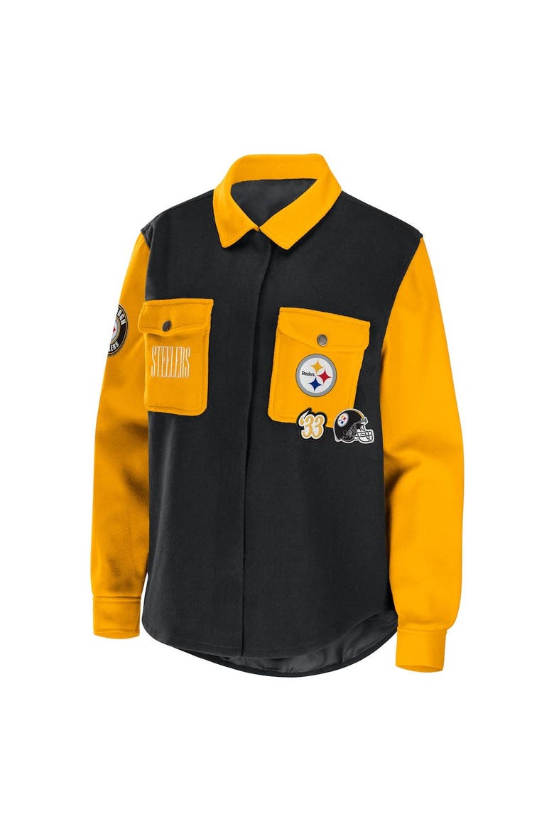 Women's WEAR by Erin Andrews Black Pittsburgh Steelers Snap-Up Shirt Jacket, Alternate, color, Black