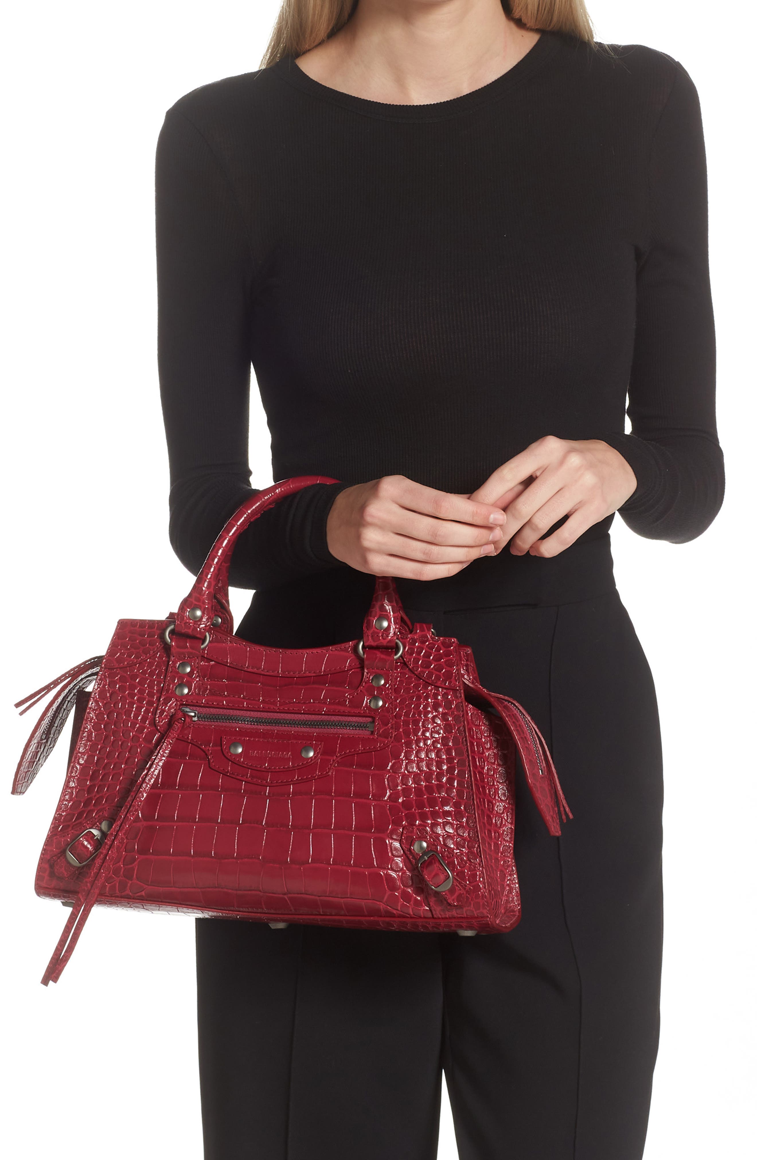 Balenciaga Neo Classic City Croc Embossed Leather Top Handle Bag, Alternate, color, 