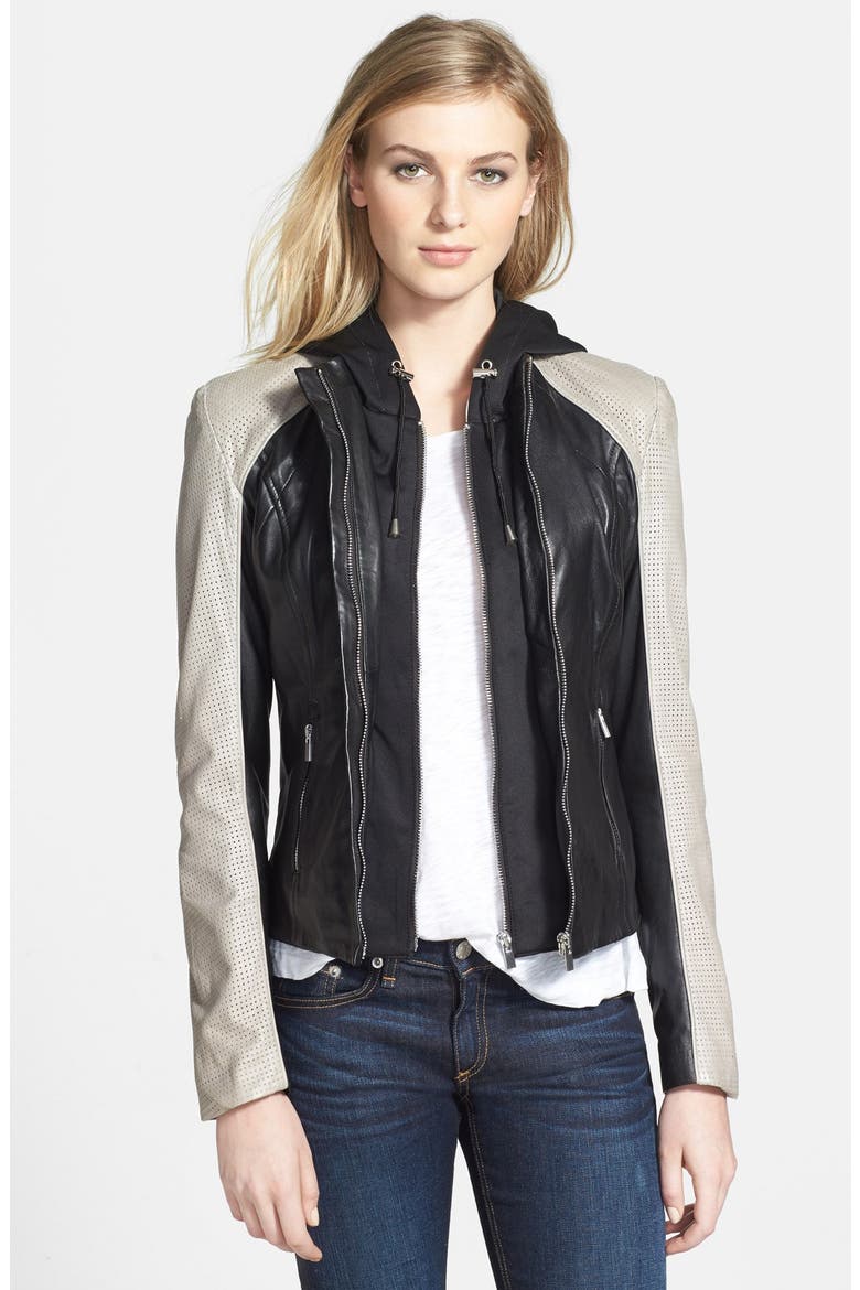 Leather Biker Jacket with Removable Hooded Insert, Main, color, MOON/ BLACK