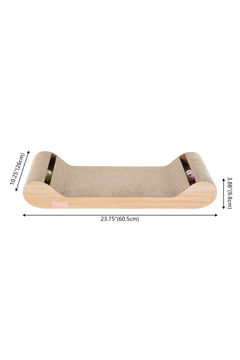 Rini Modern Cardboard Lounge Bed Cat Scratcher with Built-In Bell Toys and Catnip, Alternate, color, Oak Wood Finish