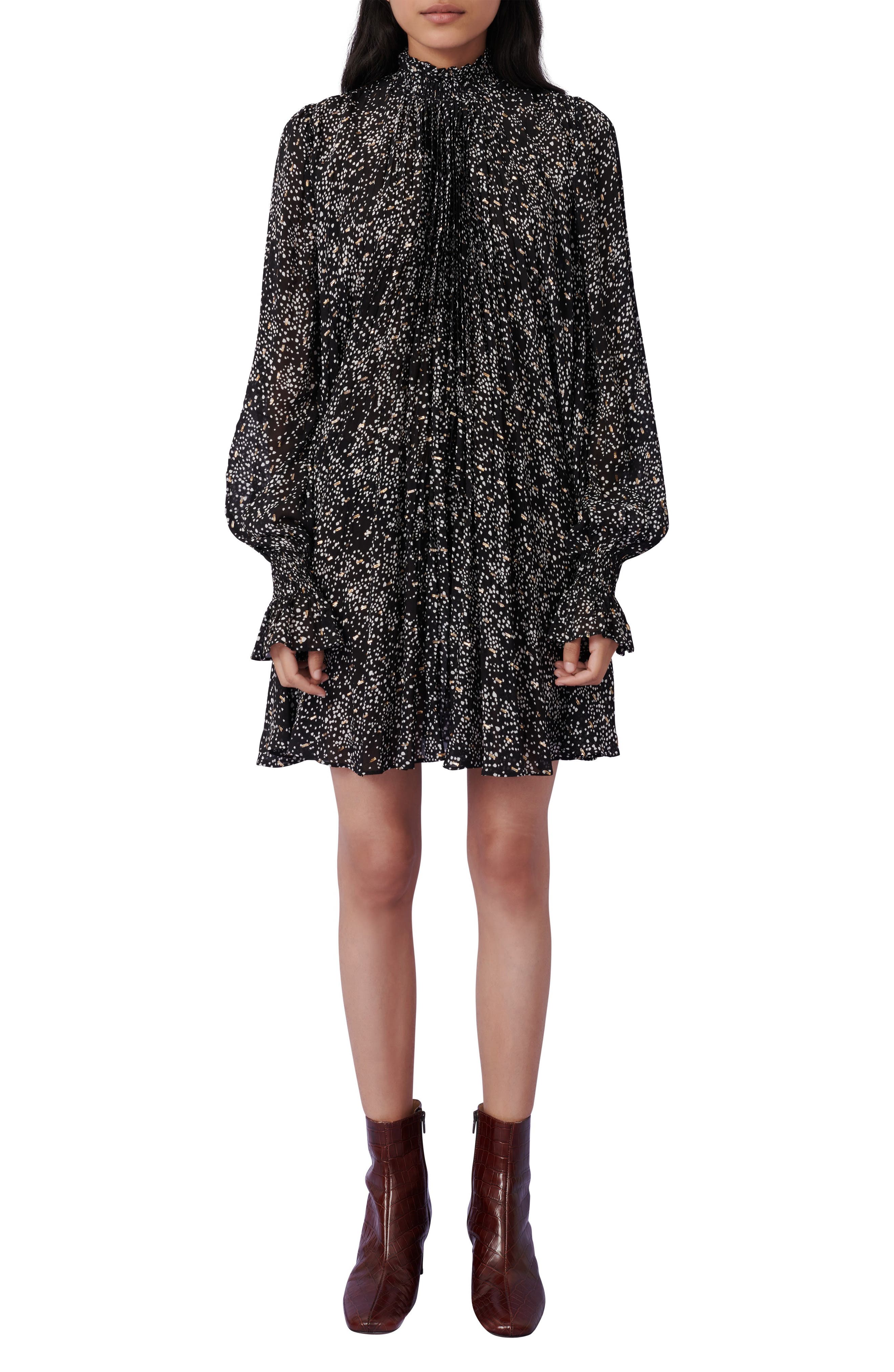 maje Metallic Spot Print Long Sleeve Silk Blend Swing Dress