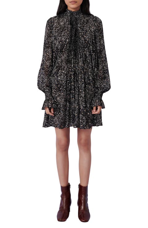 Metallic Spot Print Long Sleeve Silk Blend Swing Dress
