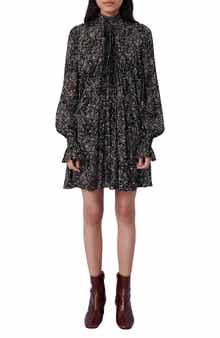 maje Metallic Spot Print Long Sleeve Silk Blend Swing Dress