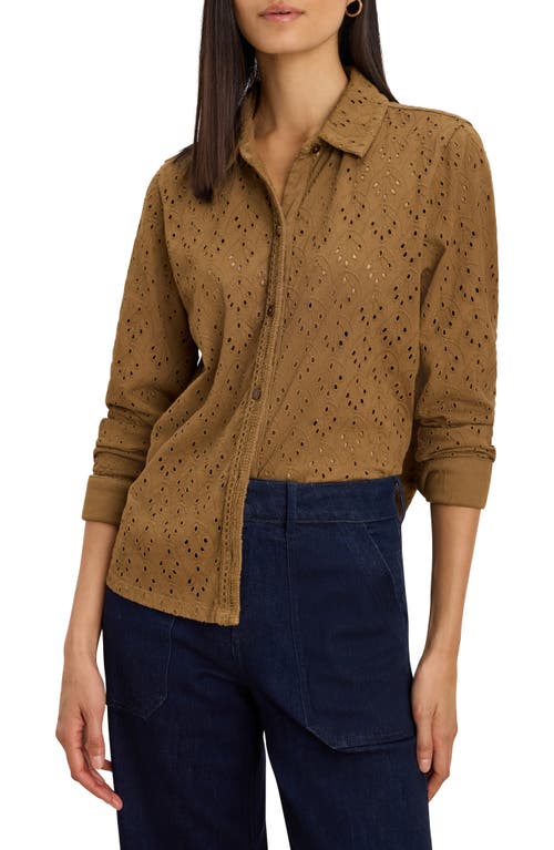 Nic + Zoe Nic+zoe Embroidered Eyelet Button-up Shirt In Brown