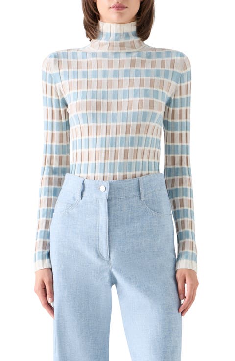 Intarsia Check Wool Turtlneck Sweater