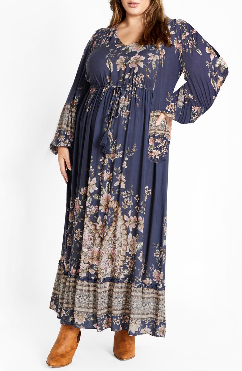 City Chic Destiny Floral Tie Waist Maxi Dress, Main, color, Paisley