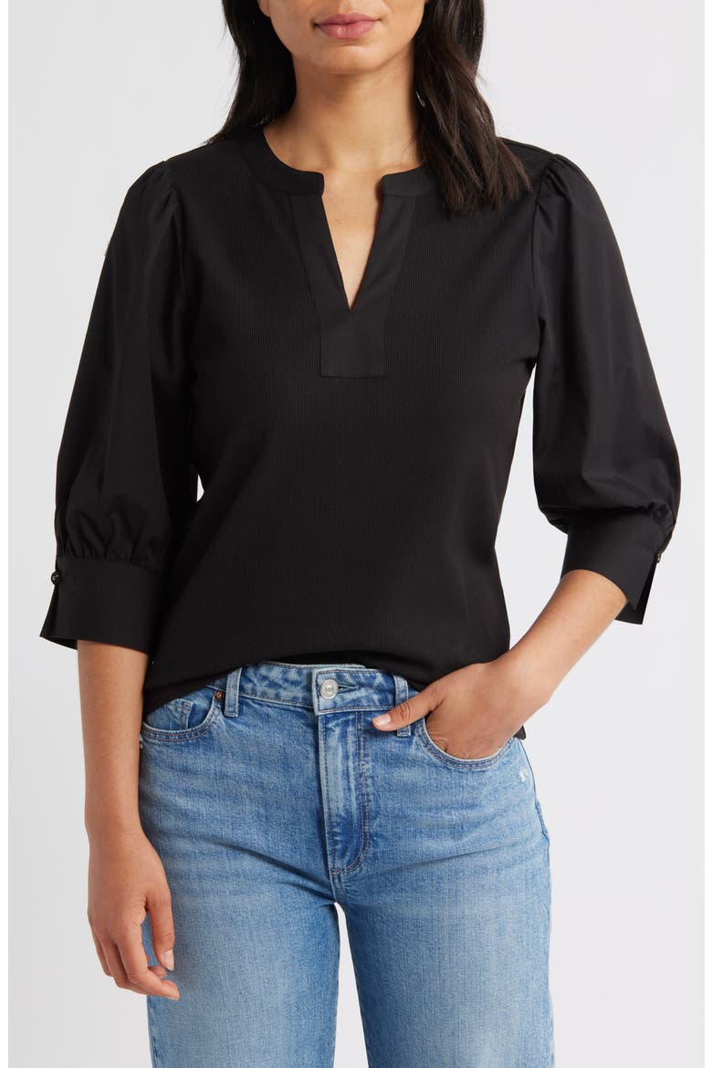 Mixed Media Puff Sleeve Top, Main, color, BLACK