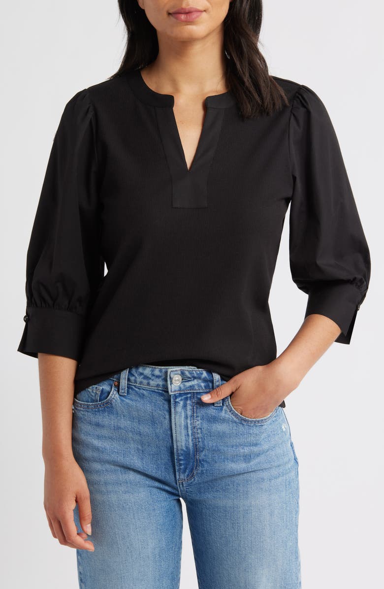Wit & Wisdom Mixed Media Puff Sleeve Top, Main, color, Black