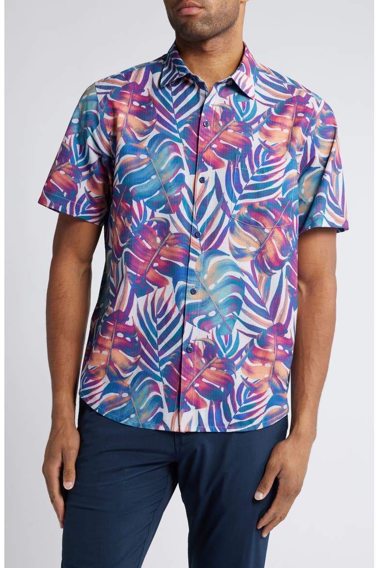 Bahama Coast Monarch Monstera Short Sleeve Performance Button-Up Shirt, Main, color, SUMMER GREY