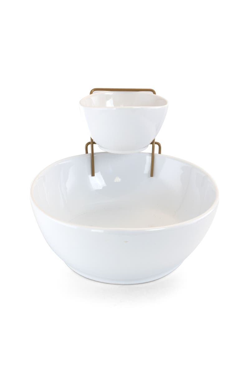 Gibson Elite Gracious Dining 2 Tier Chip and Dip Server Set with Metal Rack, Alternate, color, White
