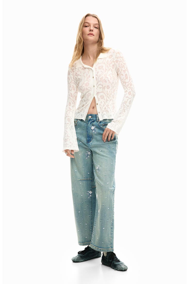 Floral Jacquard Sheer Button-Up Shirt, Alternate, color, OFF WHITE
