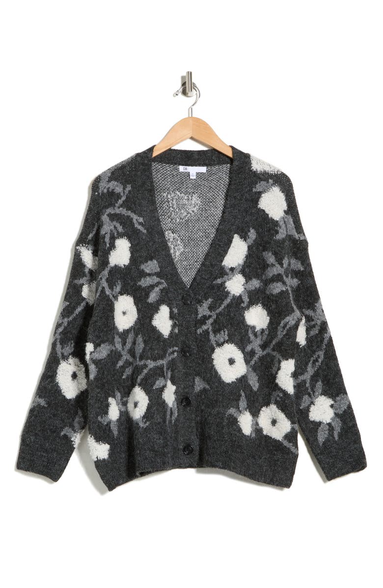 DR2 by Daniel Rainn Floral Jacquard Button Front Cardigan, Main, color, Black