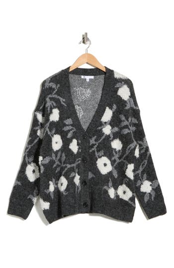 Dr2 By Daniel Rainn Floral Jacquard Button Front Cardigan In Black