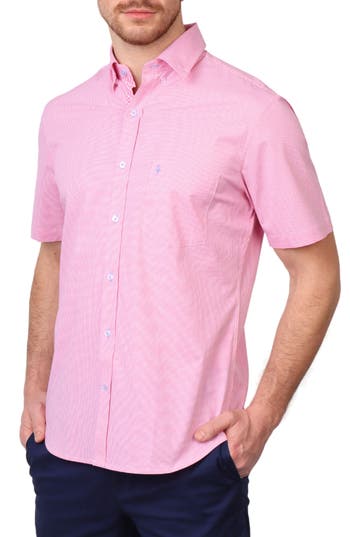 Tailorbyrd Micro Gingham Short Sleeve Button-up Shirt In Rose Pink