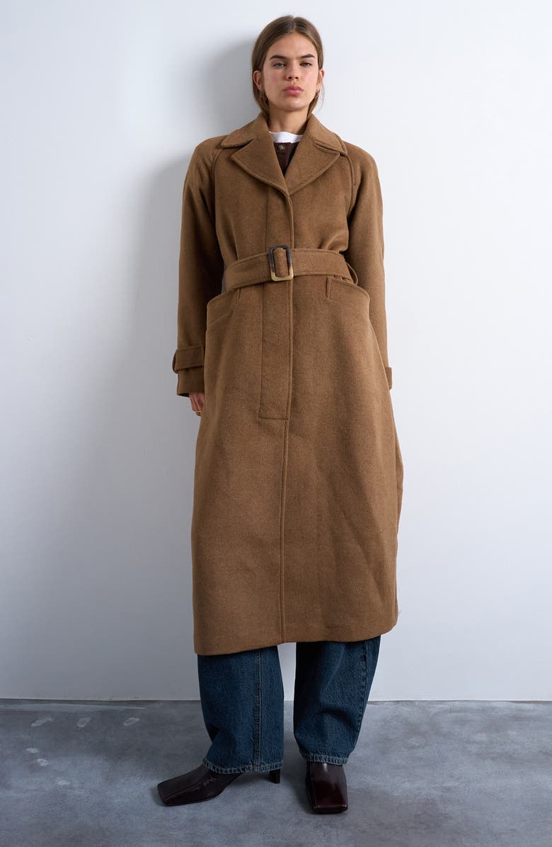 Topshop Belted Longline Coat, Main, color, Camel