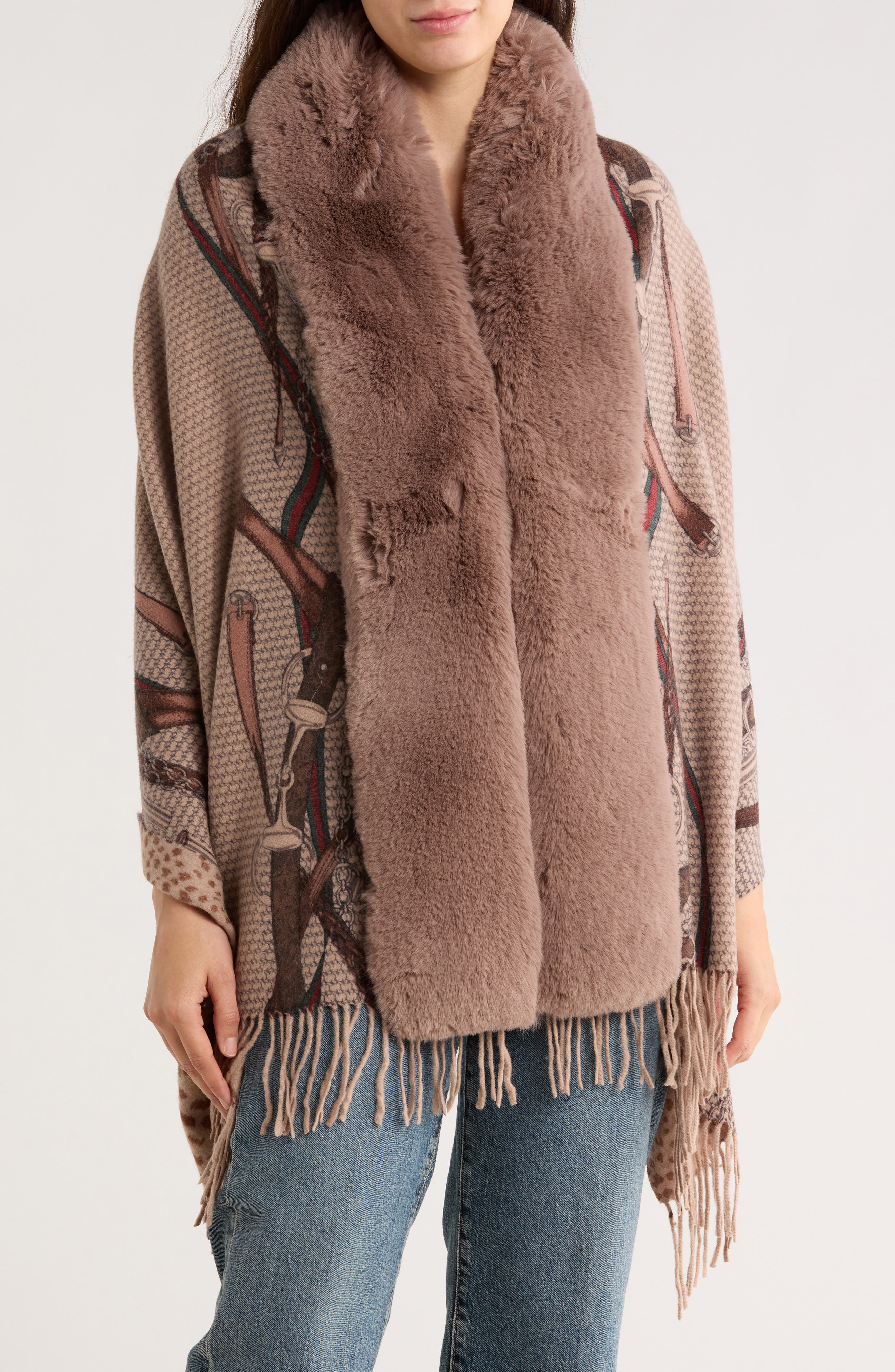 La Fiorentina Chain Print Fringe Wool Wrap with Faux Fur Trim