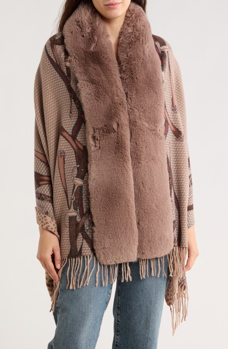 La Fiorentina Chain Print Fringe Wool Wrap with Faux Fur Trim, Main, color, Camel