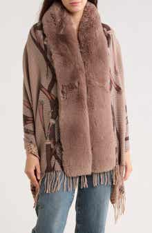 La Fiorentina Chain Print Fringe Wool Wrap with Faux Fur Trim
