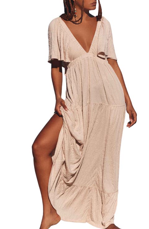 free-est La La Tiered Flutter Sleeve Maxi Dress