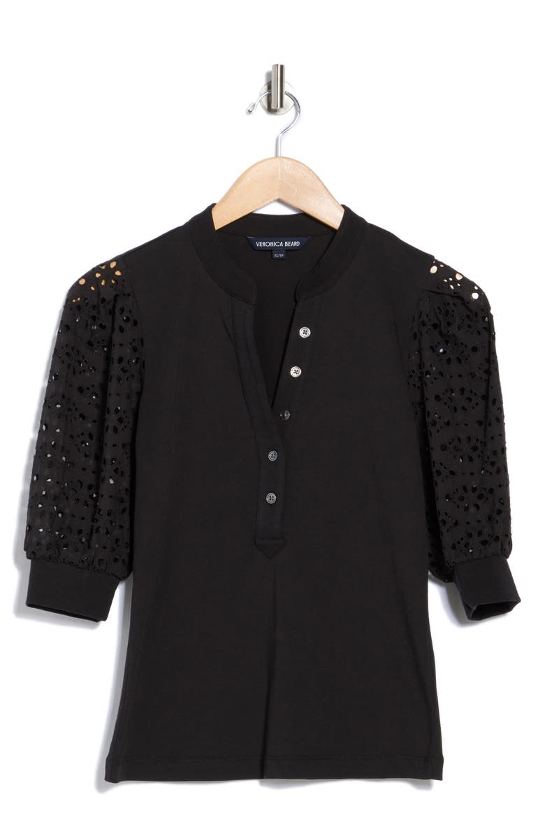 Veronica Beard Coralee Embroidered Eyelet Sleeve Henley Top, Alternate, color, 
