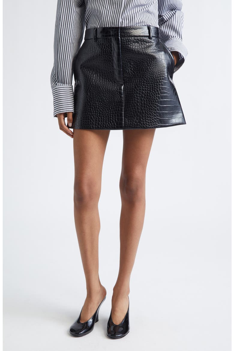 Croc Embossed Faux Leather Miniskirt, Main, color, BLACK