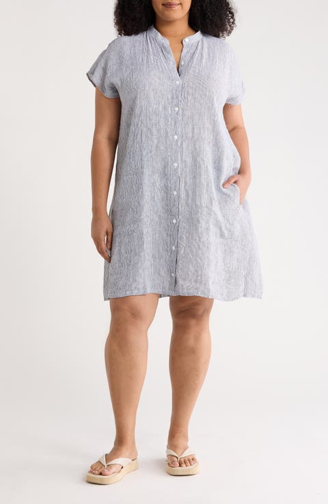 Mandarin Collar Organic Linen Shirtdress (Plus)