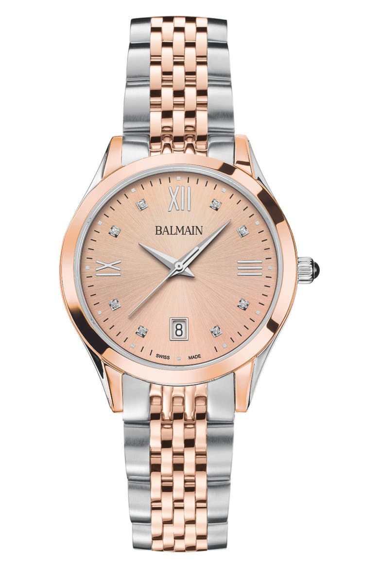 Classic R Diamond Bracelet Watch, 34mm, Main, color, SILVER/ ROSE GOLD