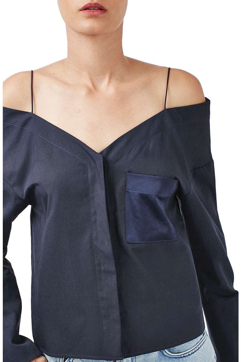 Two-Tone Off the Shoulder Shirt, Alternate, color, NAVY BLUE