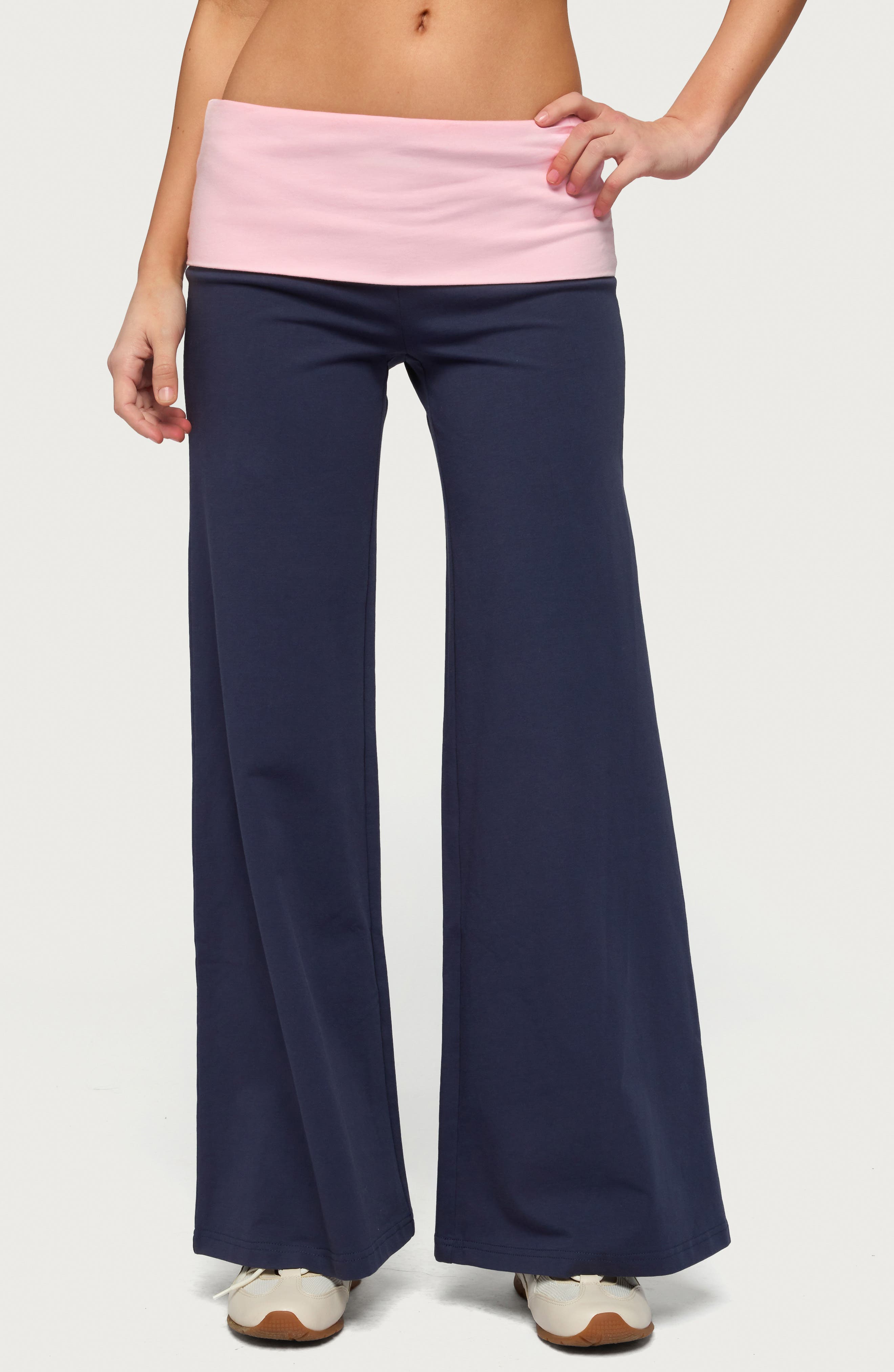 Foldover Contrast Wide Leg Pants