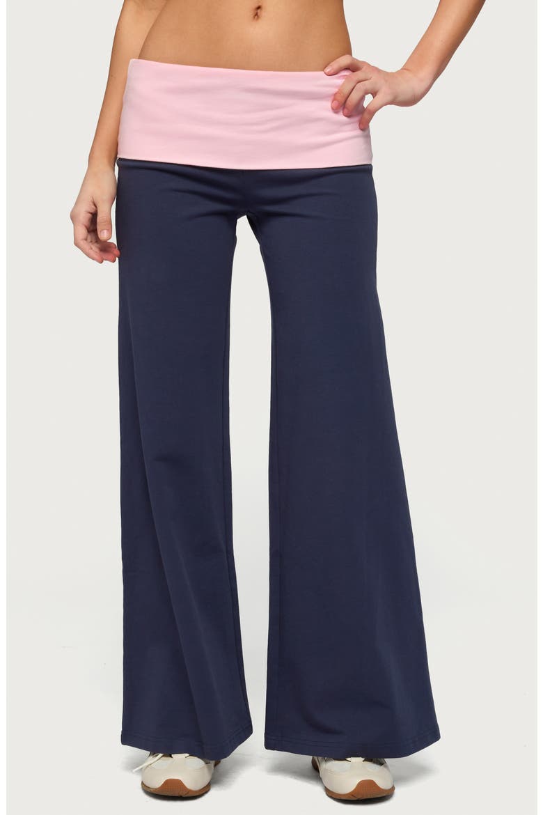 Foldover Contrast Wide Leg Pants, Main, color, NAVY