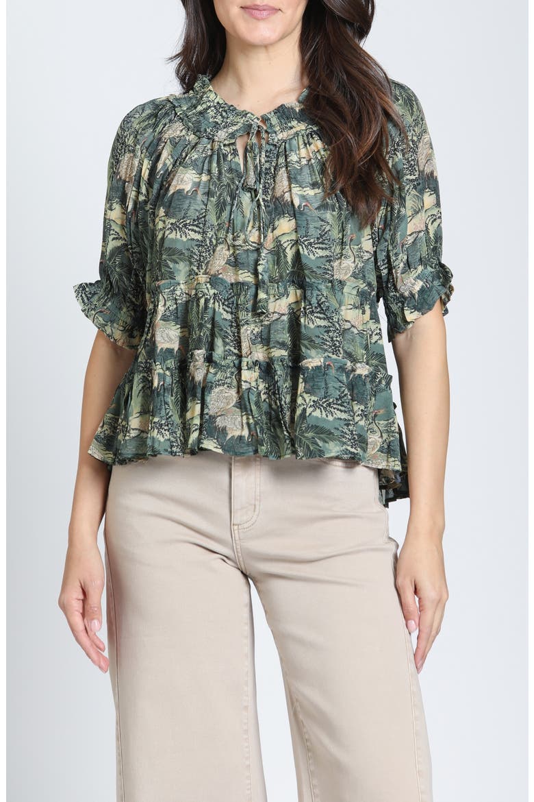 Ruched Neck Tiered Top, Main, color, OLIVE/SANDSTONE
