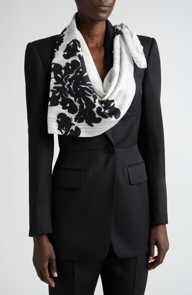 McQueen Floral Skull Silk Square Scarf, Alternate, color, Ivory/ Black