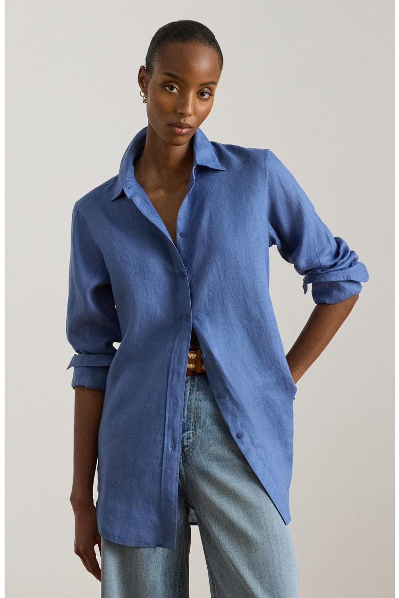 Relaxed Fit Linen Roll Tab Sleeve Shirt, Alternate, color, CARSON BLUE