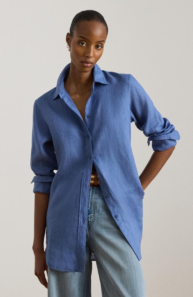 Lauren Ralph Lauren Karrie Tissue Linen Button-Up Shirt, Alternate, color, Carson Blue
