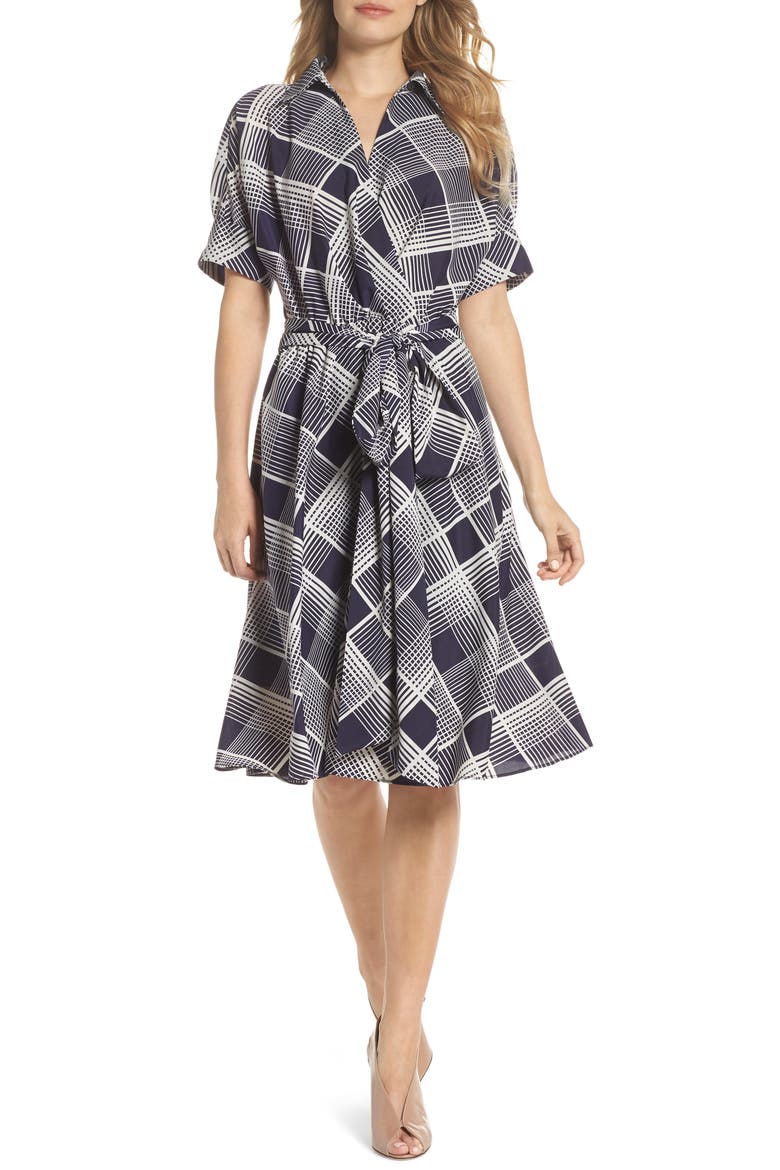 Plaid Surplice Midi Dress, Main, color, NAVY/ IVORY